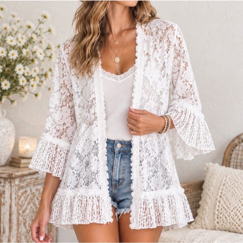 TEMPO PARIS White‎ Ruffle Lace Bell Sleeve Kimono Cardigan - M